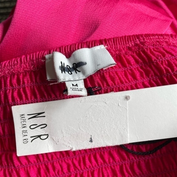 NSR Smocked Fuchsia Pink Party Dress Midi M Puff Sleeves Slit Satiny 3592 READ - Picture 7 of 13